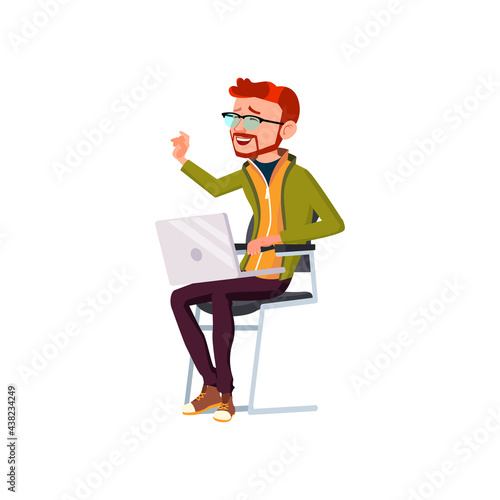 man geek sitting on chair and laughing from funny image on laptop cartoon vector. man geek sitting on chair and laughing from funny image on laptop character. isolated flat cartoon illustration