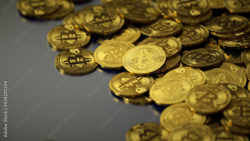 A lot of bitcoin crypto currency gold btc bit coin. Closeup shot of a pile of bitcoin coins isolated on black background. Blockchain technology, bitcoin mining concept. 3d rendering. A lot of bitcoin crypto currency gold btc bit coin. Closeup shot of a pile of bitcoin coins isolated on black background. Blockchain technology, bitcoin mining concept. 3d rendering.