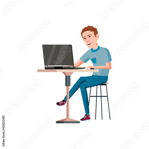 young man check e-mail on laptop in internet cafe cartoon vector. young man check e-mail on laptop in internet cafe character. isolated flat cartoon illustration
