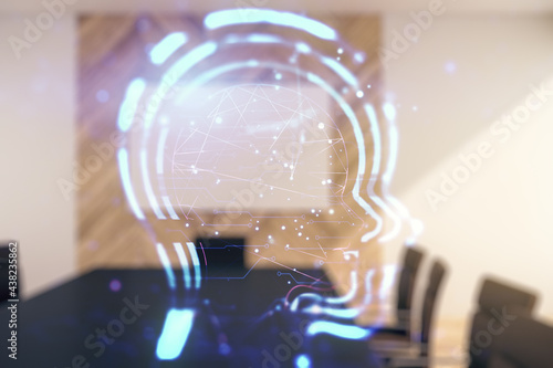 Abstract virtual artificial Intelligence concept with human head sketch on a modern coworking room background. Double exposure