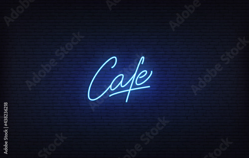 Cafe neon sign. Glowing blue lettering Cafe calligraphy