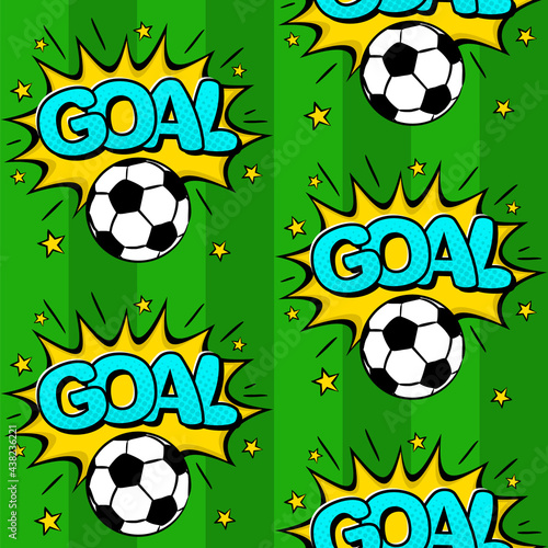 Seamless pattern with soccer ball and comic goal on a green field. Football balls in exploison and soccer striped grass field. Vector illustration for the design of sports posters, banners and design.
