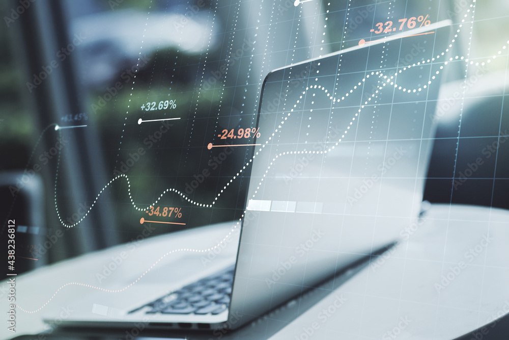 Double exposure of abstract creative statistics data hologram on laptop background, statistics and analytics concept Double exposure of abstract creative statistics data hologram on laptop background, statistics and analytics concept