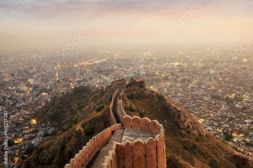 Aerial view of Jaipur from Nahargarh Fort at sunset, Rajasthan, India photo