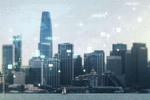 Multi exposure of virtual creative financial graph and world map on San Francisco city skyline background  forex and investment concept