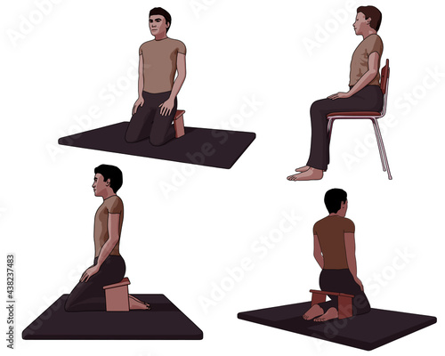 Mindfulness Postures on a Meditation Bench and a Chair Vector Graphic 3D Render at Various Angles
