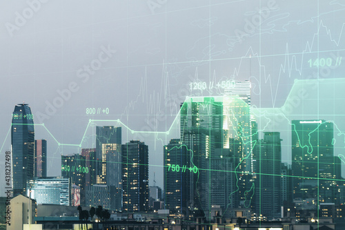 Double exposure of abstract creative statistics data hologram on Los Angeles office buildings background, analytics and forecasting concept