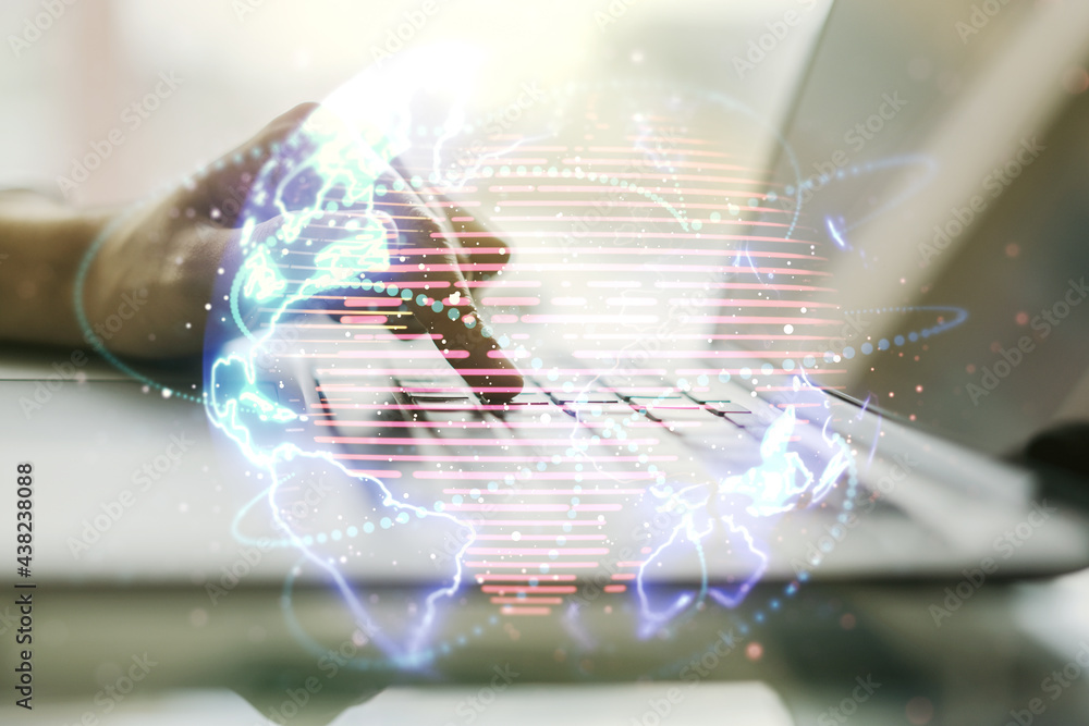 Obraz premium Double exposure of abstract digital world map with connections and hand typing on computer keyboard on background, big data and blockchain concept