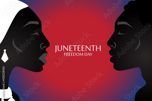 Silhouette of African American woman and man with headdress with juneteenth flag pattern.