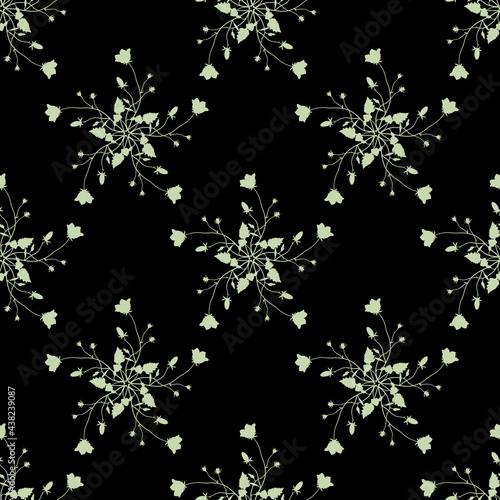 Seamless floral pattern with bouquets of wildflower. Blooming branches of bluebell flowers. Campanula or bellflower. Green silhouettes on black background.