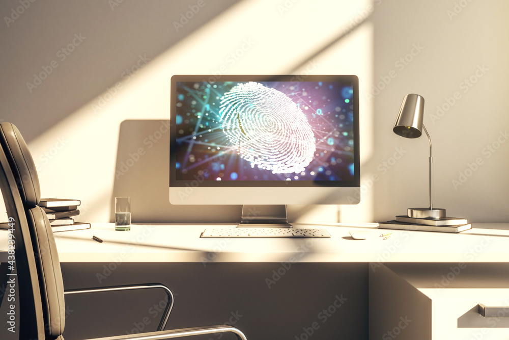 Modern computer display with abstract graphic fingerprint sketch, fingerprint scan data concept. 3D Rendering Modern computer display with abstract graphic fingerprint sketch, fingerprint scan data concept. 3D Rendering