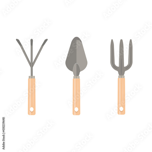 Garden tools collection. Set of gardening instruments for horticulture. Hand shovel, hand fork.