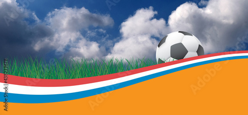 3D-illustratie. the Netherlands  Dutch or Holland flag. Soccer green  orange football grass field. blue sky background banner for EK  WK play model. Sport finale. Foot ball sign. 2021