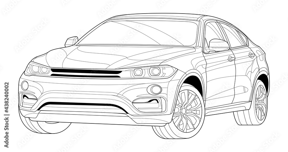 Coloring page vector line art for book and drawing. Illustration car. Black contour sketch illustrate Isolated on white background. High speed drive vehicle. Graphic element. Stroke without fill