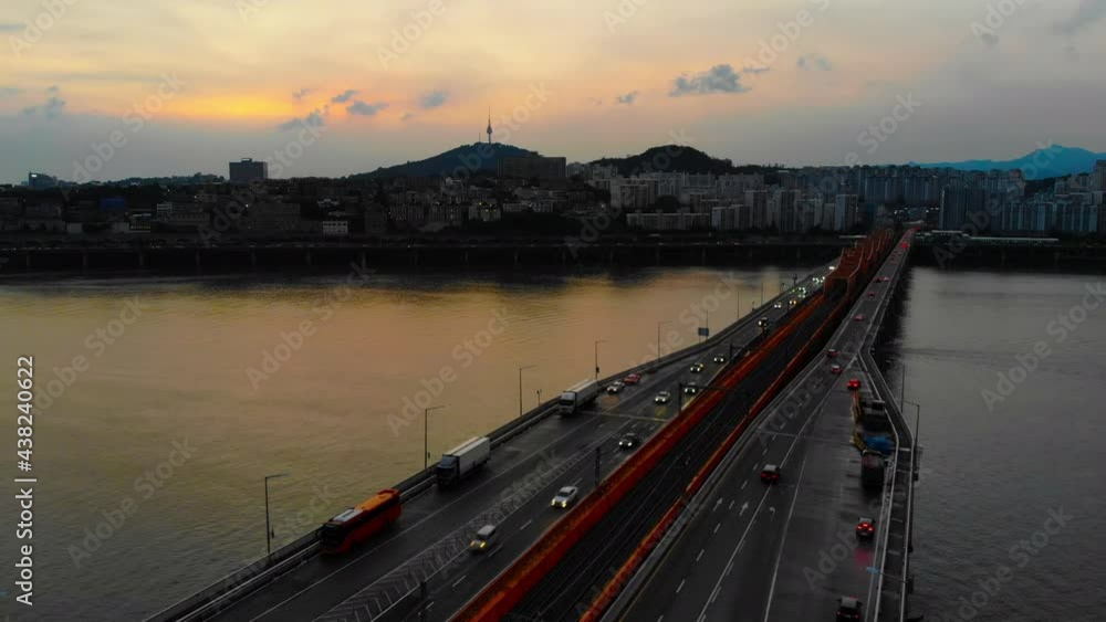 Aerial view of the Han River overlooking the top of the San San Tower And Seoul in South Korea
Aerial view of the Han River overlooking the top of the San San Tower And Seoul in South Korea