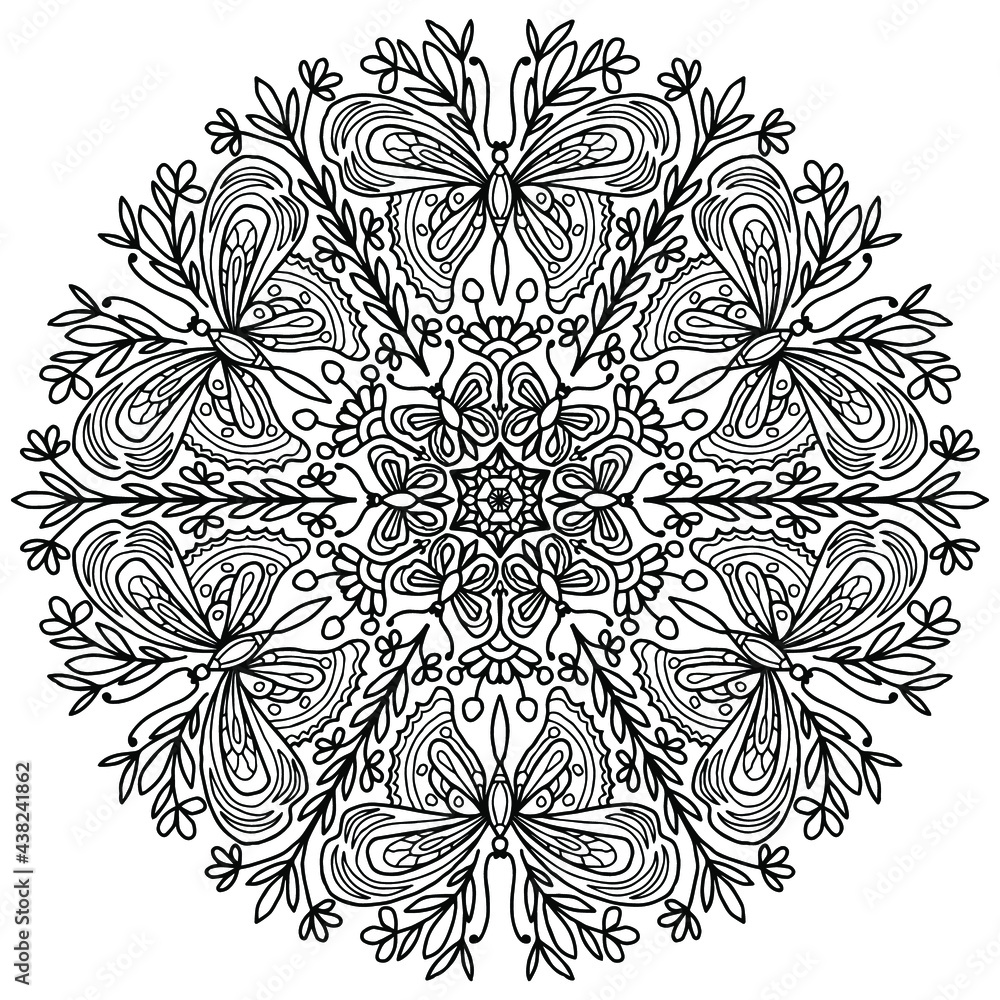 Obraz premium drawn abstract mandala with butterflies and flowers on a white background for coloring, vector