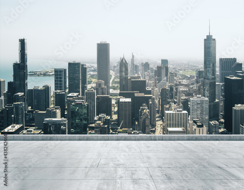 Empty concrete dirty rooftop on the background of a beautiful Chicago city skyline at daytime, mock up