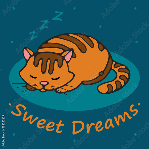 Vector illustration of cute hand drawn red sleeping Cat. Lettering sweet dreams, Cartoon Doodle card in kawaii anime style, good night. Postcard with a sleeping red cat and lettering