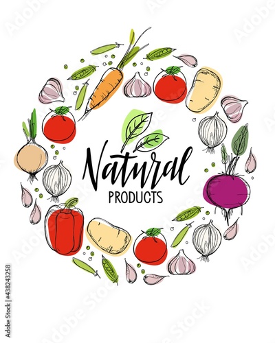 Natural products lettering logo in Vegetables frame. Organic food printing poster with round decorative frame consisting. Vector sketch With bright spots for menu, farmers market, organic food store
