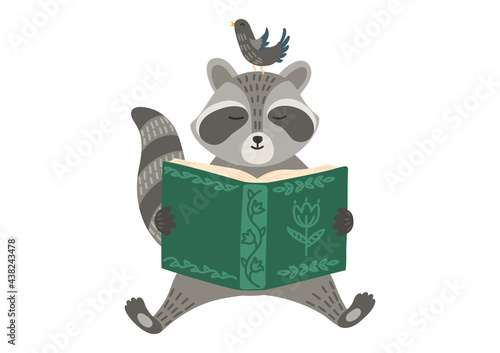 Racoon with bird reading book. Storytelling, education, teaching. Children illustration.