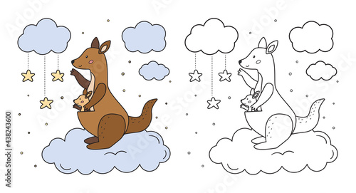 Coloring page for preschool children. Mother kangaroo and her baby on cloud. Cute cartoon animal character. Black and white outline vector illustration.