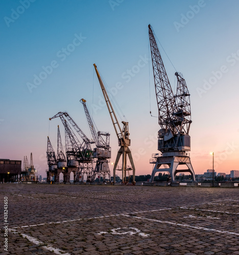 Old cranes in the older part of the Port of Antwerp.
