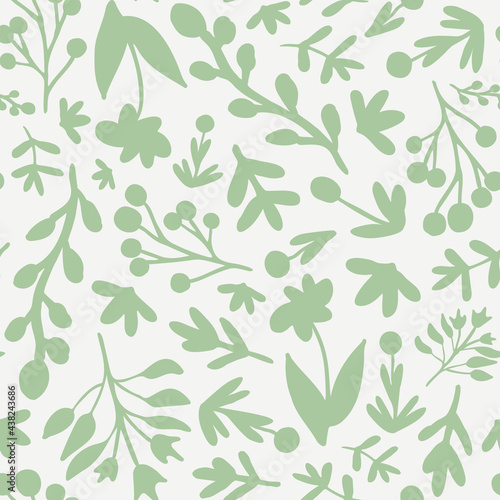Sage green botany elements seamless repeat pattern. Random placed, abstract vector plants like flowers, leaves, branches, berries all over surface print on white background.
