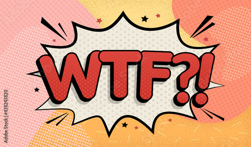 Comic lettering wtf on creative abstract background in pop art style. Memphis 80s-90s style. Vector comic text sound effects.