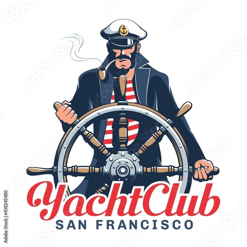 Captain hold helm - yacht club emblem. Sailor logo with seaman helmsman. Vector illustration.