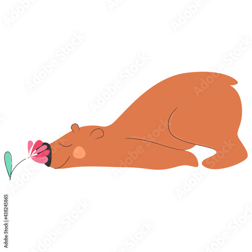 Cute cartoon bear smelling the flower. Vector illustration.