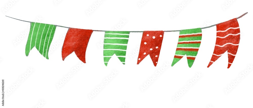 Fototapeta premium colorful green and red holiday flags, watercolor illustration, birthday decoration element