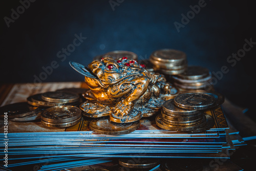 Feng Shui money toad. Chinese frog for money with a coin.