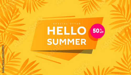 Trendy summer sale banner design background with tropical palm on yellow background. Vector Illustration