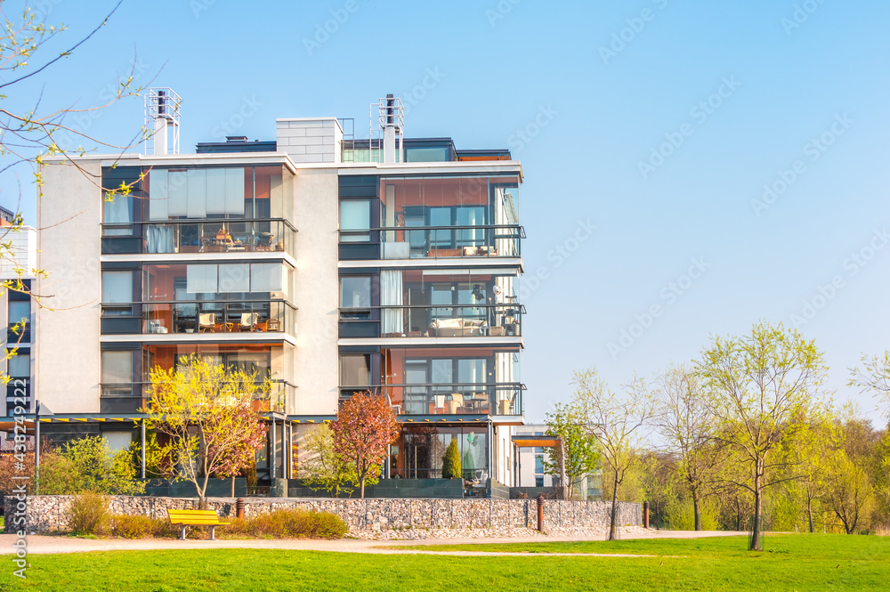 Modern luxury apartment building, block of flats with glass balconies ... - Luxury Apartment Building Outdoor Space Status