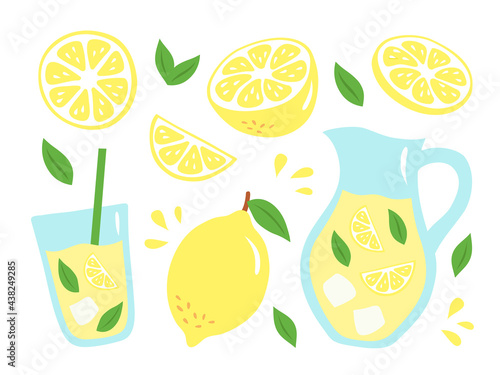 Set of lemons, leaves and lemonade in a hand-drawn style. Vector illustration with different parts of a lemon, a glass and a jug of lemonade. Perfect for a poster in a cafe or in the kitchen