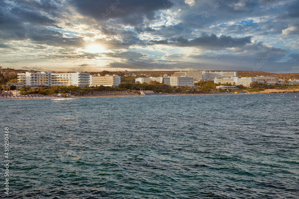 Ayia Napa cityscape with beaches and luxury hotels, Cyprus.