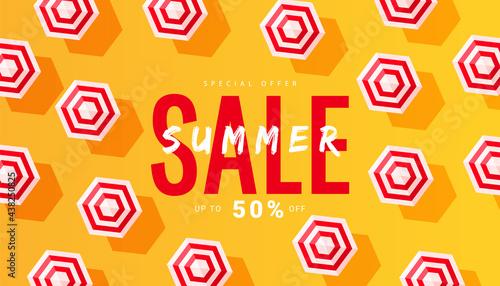 Summer sale banner layout template design with sun umbrella beach accessory. Vector Illustration