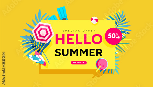 Creative summer sale banner in trendy bright colors with tropical leaves and discount text. Season promotion illustration.