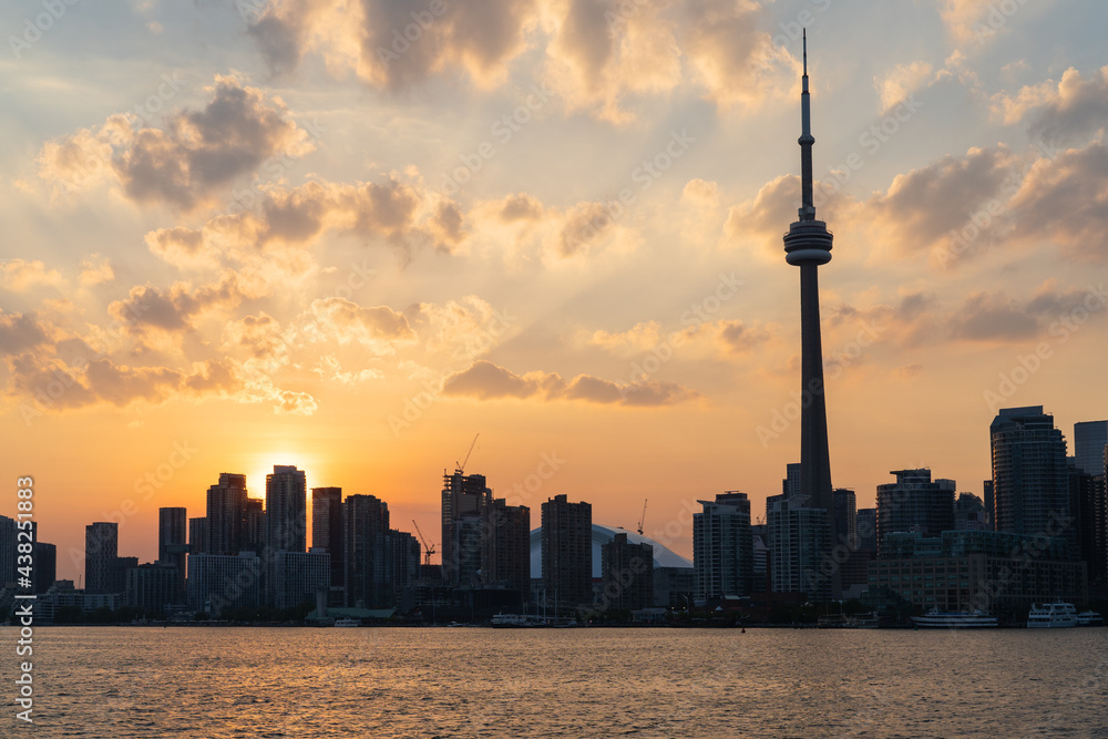 Toronto City Skyline at sunset from the ferry in Ontario Canada