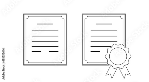 Thin stroke outline professional cerificate icon with medal. Vector eps 10 illustration sign. Flat paper school diploma, warranty and grant qualification award symbol.