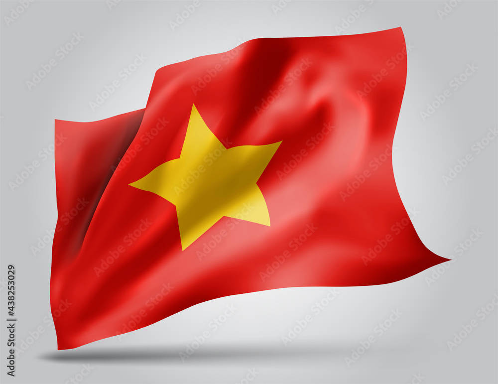 Vietnam, vector flag with waves and bends waving in the wind on a white background. Vietnam, vector flag with waves and bends waving in the wind on a white background.