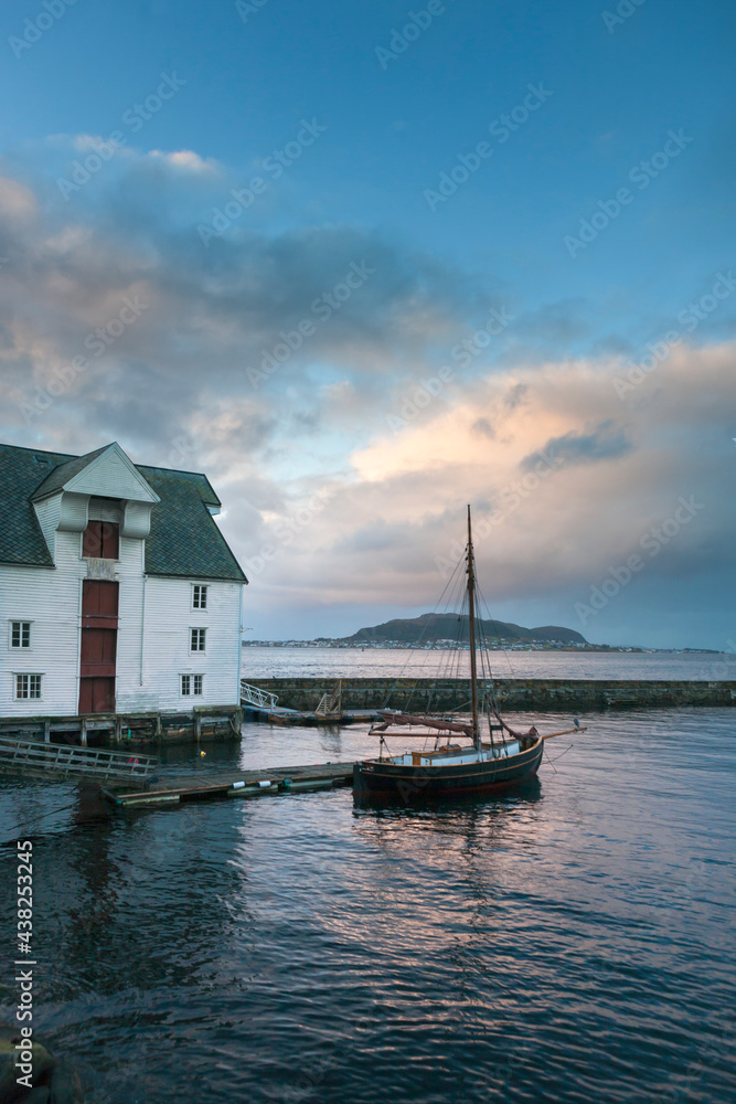 A traditional fishing boat moored at the Fisheries museum, Molovegen, Ålesund, Møre og Romsdal, Norway