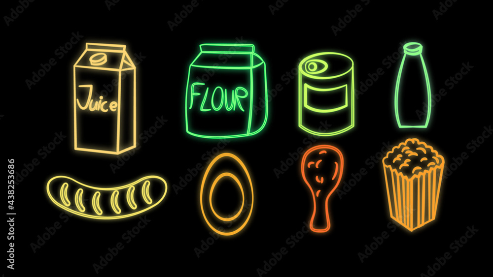 Neon bright glowing multicolored set of eight icons of delicious food and snacks items for restaurant bar cafe: juice, flour, canned food, milk, sausage, egg, chicken leg, popcorn Neon bright glowing multicolored set of eight icons of delicious food and snacks items for restaurant bar cafe: juice, flour, canned food, milk, sausage, egg, chicken leg, popcorn