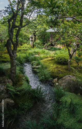 Japanese zen garden Sogenchi with river running in lush forest landscape at temple Tenryu-ji in Kyoto  Japan