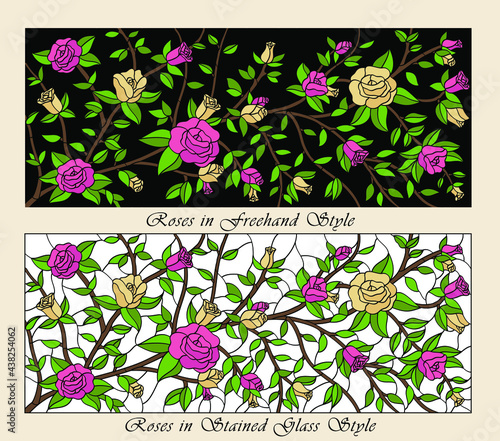 Handdrawn Roses Pattern in Stained Glass