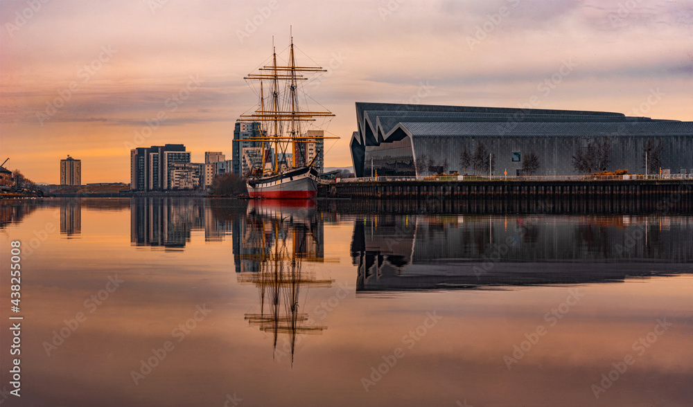 Glasgow Scotland 02 March 2021 reflection of ship at sunset over the river clyde, Glasgow March 2021