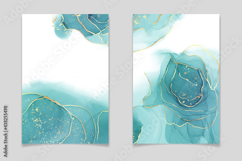 Teal blue and mint colored liquid watercolor background with gold stains and dots. Luxury minimal turquoise hand drawn fluid alcohol ink drawing effect. Vector illustration design template
