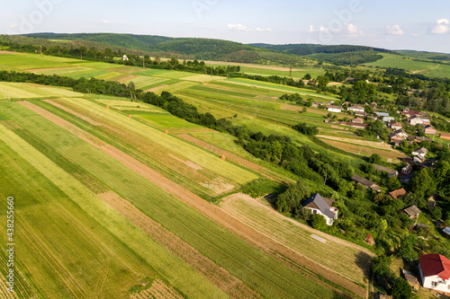 Aerial view of green agricultural fields in spring with fresh vegetation after seeding season on a warm sunny day.