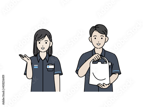 コンビニの店員　スタッフ　アルバイト　笑顔　男女　イラスト素材