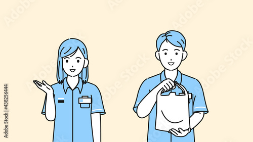 コンビニの店員　スタッフ　アルバイト　笑顔　男女　イラスト素材